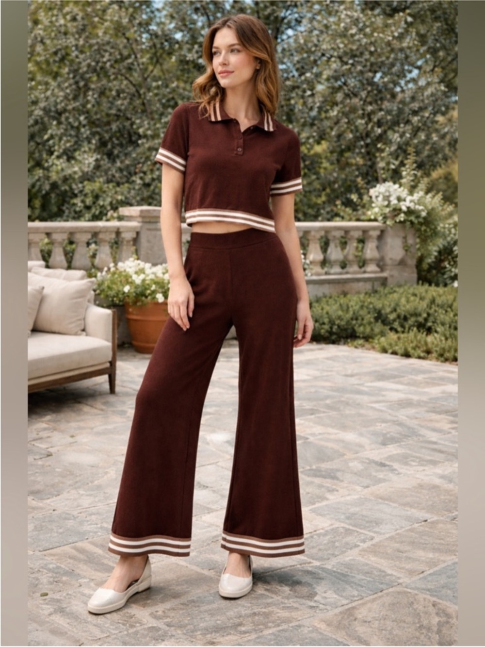 Caroline Constas Chocolate Brown Wide-Leg Knit Pants with Cream Trim
